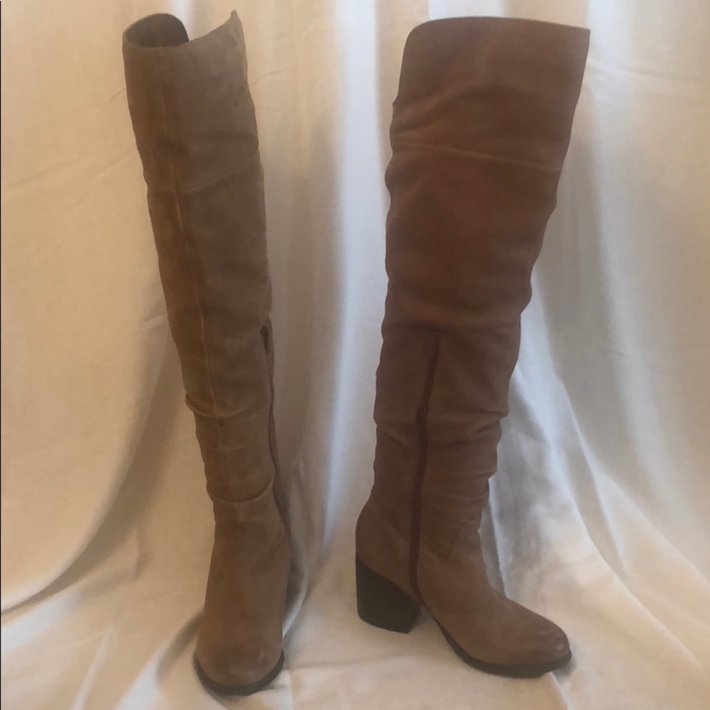 Brown suede thigh high boots